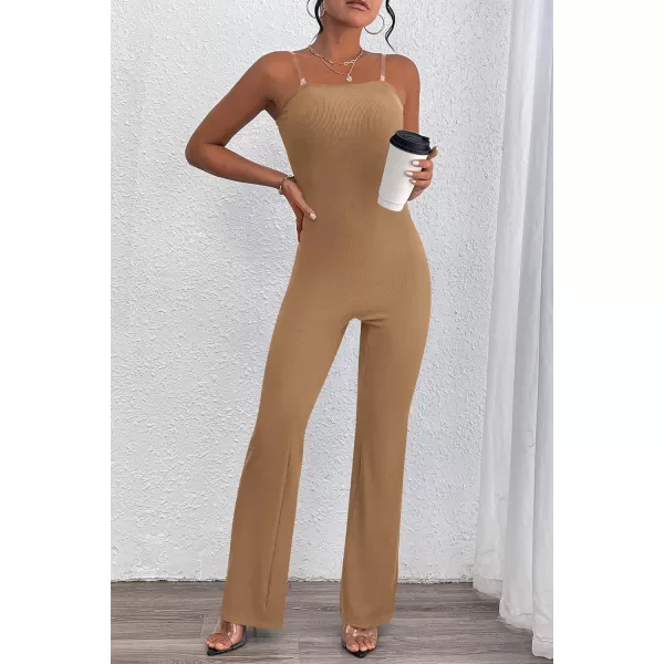 imagePRETTYGARDEN Womens Tube Bodycon Jumpsuits Dressy Casual Ribbed Sleeveless Flare Leg Pants RompersCamel