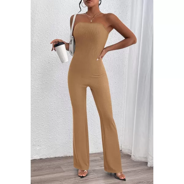 imagePRETTYGARDEN Womens Tube Bodycon Jumpsuits Dressy Casual Ribbed Sleeveless Flare Leg Pants RompersCamel