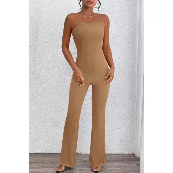 imagePRETTYGARDEN Womens Tube Bodycon Jumpsuits Dressy Casual Ribbed Sleeveless Flare Leg Pants RompersCamel