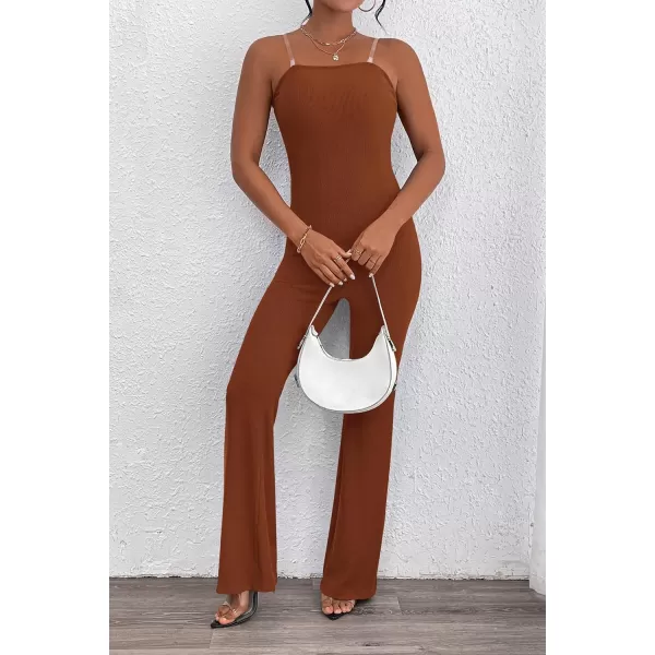 imagePRETTYGARDEN Womens Tube Bodycon Jumpsuits Dressy Casual Ribbed Sleeveless Flare Leg Pants RompersCaramel