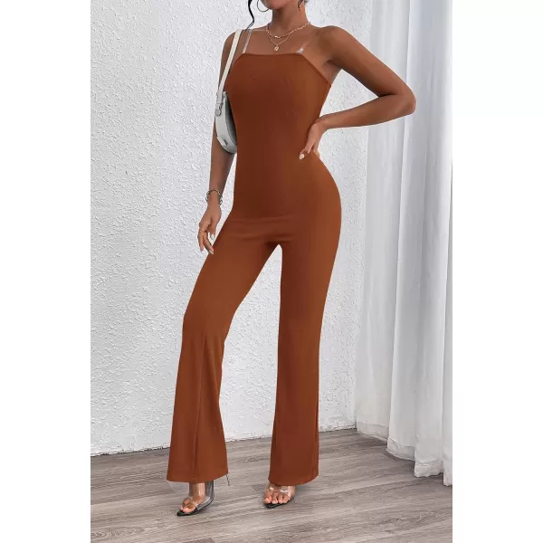 imagePRETTYGARDEN Womens Tube Bodycon Jumpsuits Dressy Casual Ribbed Sleeveless Flare Leg Pants RompersCaramel