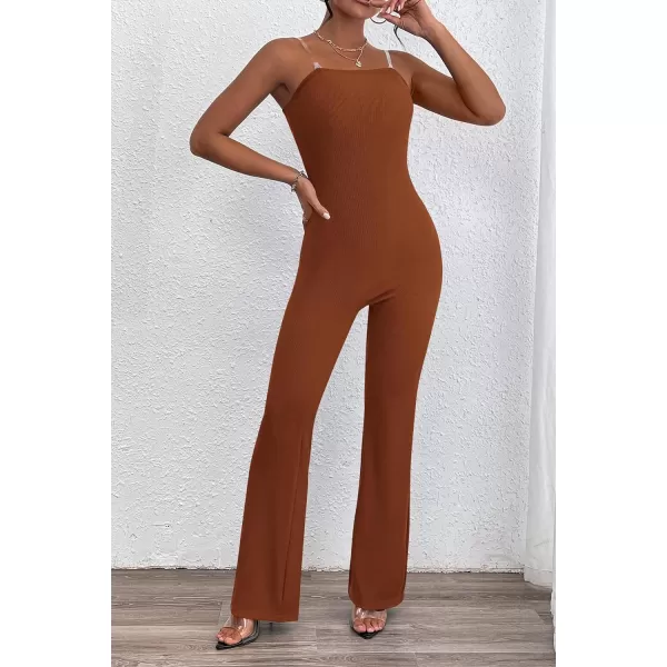 imagePRETTYGARDEN Womens Tube Bodycon Jumpsuits Dressy Casual Ribbed Sleeveless Flare Leg Pants RompersCaramel
