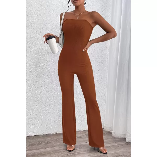 imagePRETTYGARDEN Womens Tube Bodycon Jumpsuits Dressy Casual Ribbed Sleeveless Flare Leg Pants RompersCaramel