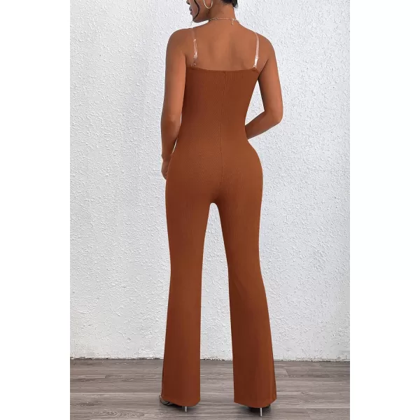 imagePRETTYGARDEN Womens Tube Bodycon Jumpsuits Dressy Casual Ribbed Sleeveless Flare Leg Pants RompersCaramel