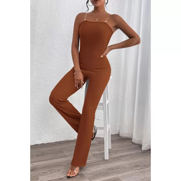 imagePRETTYGARDEN Womens Tube Bodycon Jumpsuits Dressy Casual Ribbed Sleeveless Flare Leg Pants RompersCaramel