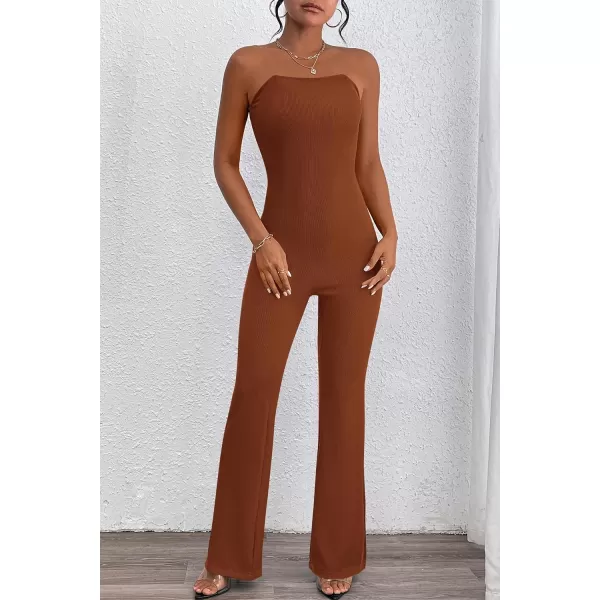 imagePRETTYGARDEN Womens Tube Bodycon Jumpsuits Dressy Casual Ribbed Sleeveless Flare Leg Pants RompersCaramel