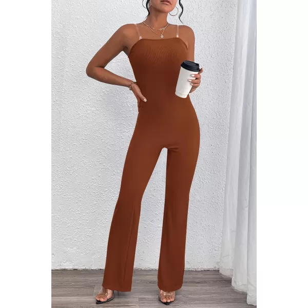 imagePRETTYGARDEN Womens Tube Bodycon Jumpsuits Dressy Casual Ribbed Sleeveless Flare Leg Pants RompersCaramel
