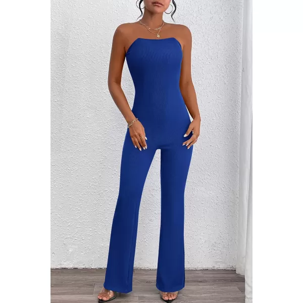 imagePRETTYGARDEN Womens Tube Bodycon Jumpsuits Dressy Casual Ribbed Sleeveless Flare Leg Pants RompersDark Blue