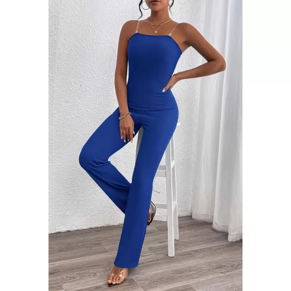 imagePRETTYGARDEN Womens Tube Bodycon Jumpsuits Dressy Casual Ribbed Sleeveless Flare Leg Pants RompersDark Blue
