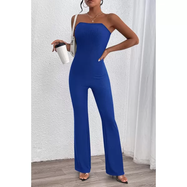 imagePRETTYGARDEN Womens Tube Bodycon Jumpsuits Dressy Casual Ribbed Sleeveless Flare Leg Pants RompersDark Blue