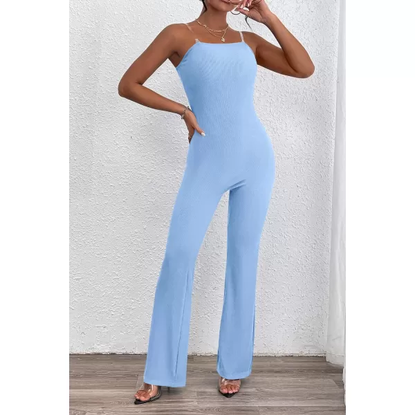 imagePRETTYGARDEN Womens Tube Bodycon Jumpsuits Dressy Casual Ribbed Sleeveless Flare Leg Pants RompersLight Blue