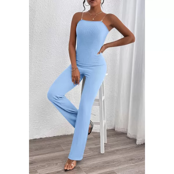 imagePRETTYGARDEN Womens Tube Bodycon Jumpsuits Dressy Casual Ribbed Sleeveless Flare Leg Pants RompersLight Blue