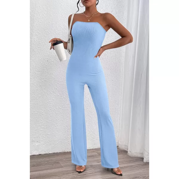 imagePRETTYGARDEN Womens Tube Bodycon Jumpsuits Dressy Casual Ribbed Sleeveless Flare Leg Pants RompersLight Blue