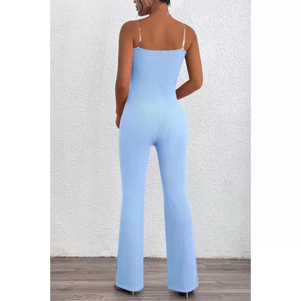 imagePRETTYGARDEN Womens Tube Bodycon Jumpsuits Dressy Casual Ribbed Sleeveless Flare Leg Pants RompersLight Blue