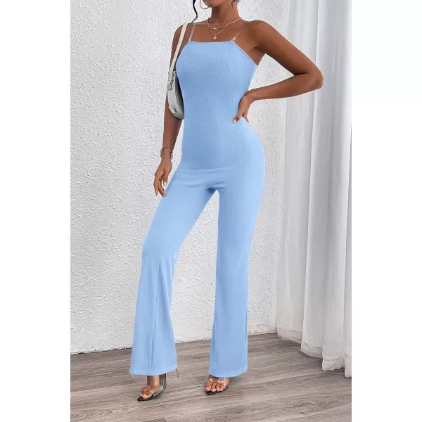 imagePRETTYGARDEN Womens Tube Bodycon Jumpsuits Dressy Casual Ribbed Sleeveless Flare Leg Pants RompersLight Blue