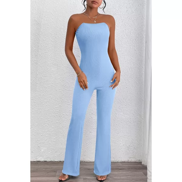 imagePRETTYGARDEN Womens Tube Bodycon Jumpsuits Dressy Casual Ribbed Sleeveless Flare Leg Pants RompersLight Blue