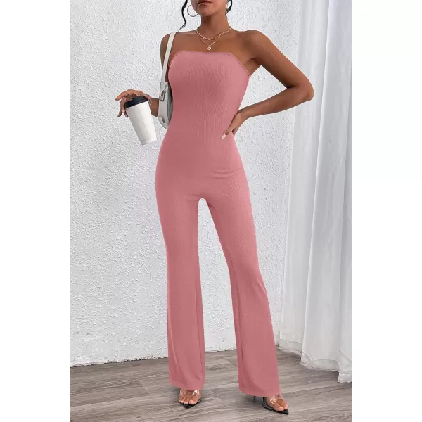 imagePRETTYGARDEN Womens Tube Bodycon Jumpsuits Dressy Casual Ribbed Sleeveless Flare Leg Pants RompersPink