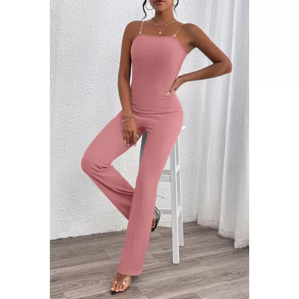 imagePRETTYGARDEN Womens Tube Bodycon Jumpsuits Dressy Casual Ribbed Sleeveless Flare Leg Pants RompersPink