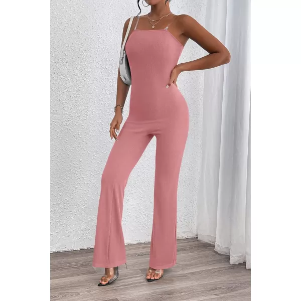 imagePRETTYGARDEN Womens Tube Bodycon Jumpsuits Dressy Casual Ribbed Sleeveless Flare Leg Pants RompersPink