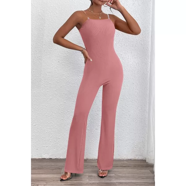 imagePRETTYGARDEN Womens Tube Bodycon Jumpsuits Dressy Casual Ribbed Sleeveless Flare Leg Pants RompersPink
