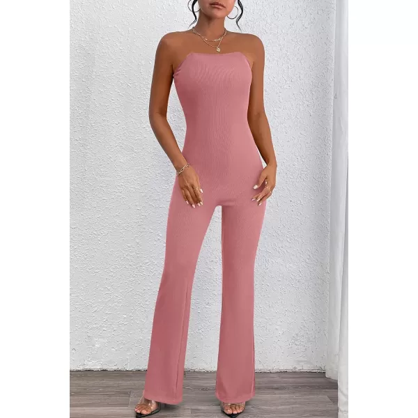imagePRETTYGARDEN Womens Tube Bodycon Jumpsuits Dressy Casual Ribbed Sleeveless Flare Leg Pants RompersPink