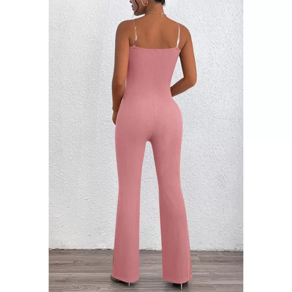 imagePRETTYGARDEN Womens Tube Bodycon Jumpsuits Dressy Casual Ribbed Sleeveless Flare Leg Pants RompersPink