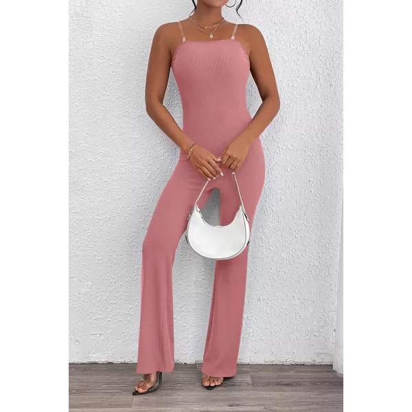 imagePRETTYGARDEN Womens Tube Bodycon Jumpsuits Dressy Casual Ribbed Sleeveless Flare Leg Pants RompersPink