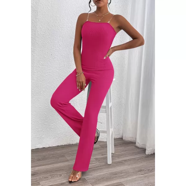 imagePRETTYGARDEN Womens Tube Bodycon Jumpsuits Dressy Casual Ribbed Sleeveless Flare Leg Pants RompersRose Red