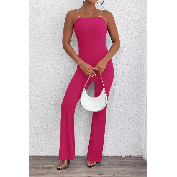 imagePRETTYGARDEN Womens Tube Bodycon Jumpsuits Dressy Casual Ribbed Sleeveless Flare Leg Pants RompersRose Red