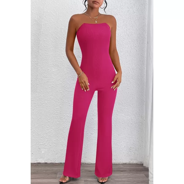 imagePRETTYGARDEN Womens Tube Bodycon Jumpsuits Dressy Casual Ribbed Sleeveless Flare Leg Pants RompersRose Red