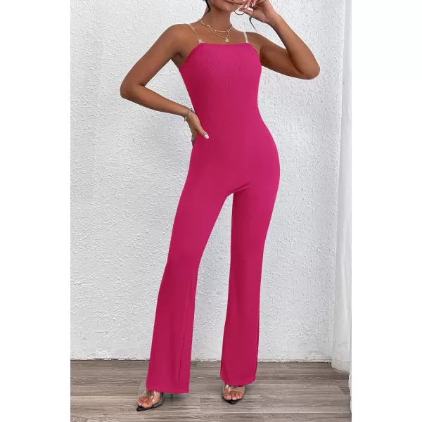 imagePRETTYGARDEN Womens Tube Bodycon Jumpsuits Dressy Casual Ribbed Sleeveless Flare Leg Pants RompersRose Red