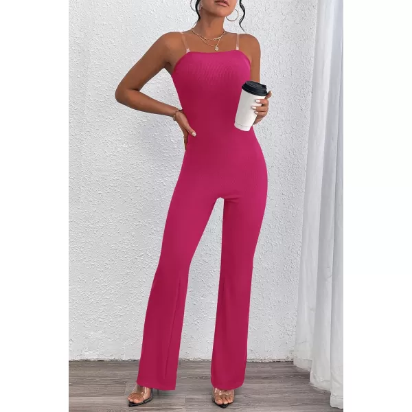 imagePRETTYGARDEN Womens Tube Bodycon Jumpsuits Dressy Casual Ribbed Sleeveless Flare Leg Pants RompersRose Red