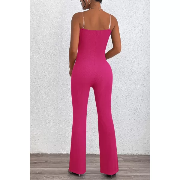 imagePRETTYGARDEN Womens Tube Bodycon Jumpsuits Dressy Casual Ribbed Sleeveless Flare Leg Pants RompersRose Red