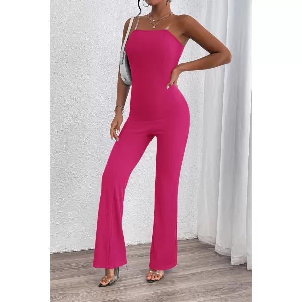 imagePRETTYGARDEN Womens Tube Bodycon Jumpsuits Dressy Casual Ribbed Sleeveless Flare Leg Pants RompersRose Red