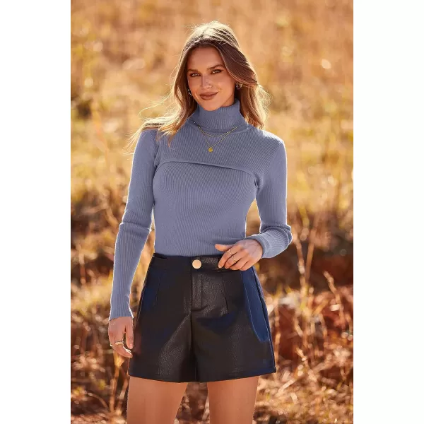 imagePRETTYGARDEN Womens Turtleneck Knit Sweater Long Sleeve Soft Classic Fit Pullover TopsGrey Blue