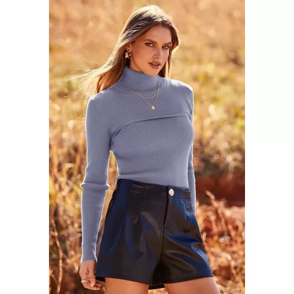 imagePRETTYGARDEN Womens Turtleneck Knit Sweater Long Sleeve Soft Classic Fit Pullover TopsGrey Blue