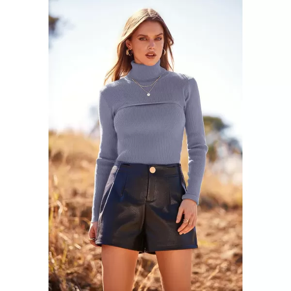 imagePRETTYGARDEN Womens Turtleneck Knit Sweater Long Sleeve Soft Classic Fit Pullover TopsGrey Blue