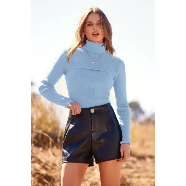 imagePRETTYGARDEN Womens Turtleneck Knit Sweater Long Sleeve Soft Classic Fit Pullover TopsLight Blue