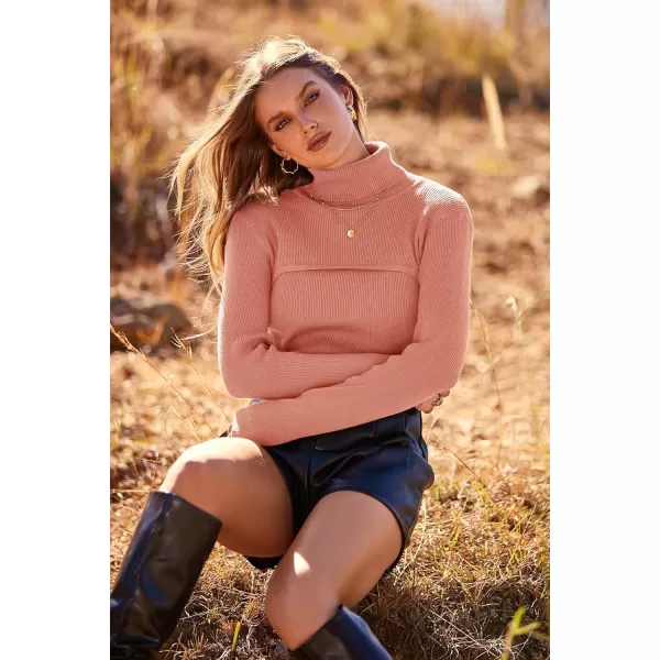 imagePRETTYGARDEN Womens Turtleneck Knit Sweater Long Sleeve Soft Classic Fit Pullover TopsLight Pink
