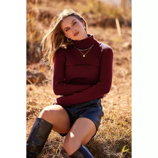 imagePRETTYGARDEN Womens Turtleneck Knit Sweater Long Sleeve Soft Classic Fit Pullover TopsWine Red