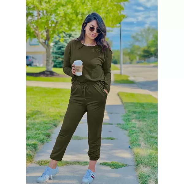 imagePRETTYGARDEN Womens Two Piece Outfit Long Sleeve Crewneck Pullover Tops And Long Pants TracksuitArmy Green