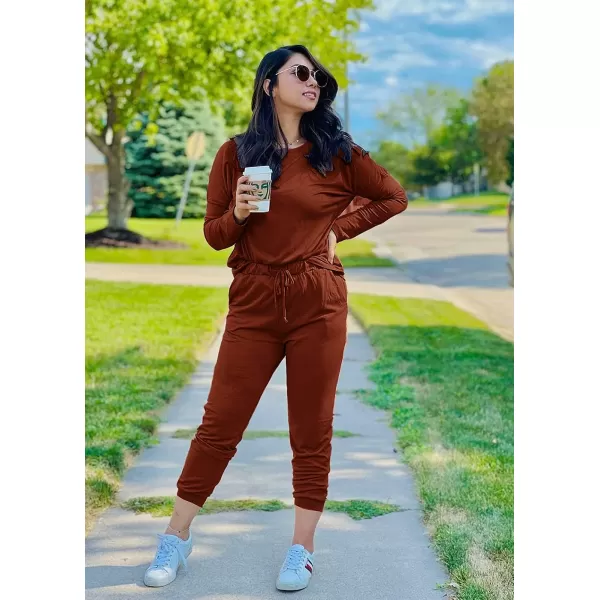 imagePRETTYGARDEN Womens Two Piece Outfit Long Sleeve Crewneck Pullover Tops And Long Pants TracksuitBrick Red