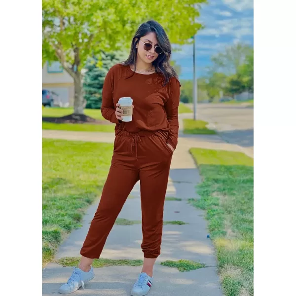 imagePRETTYGARDEN Womens Two Piece Outfit Long Sleeve Crewneck Pullover Tops And Long Pants TracksuitBrick Red