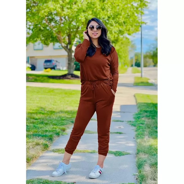 imagePRETTYGARDEN Womens Two Piece Outfit Long Sleeve Crewneck Pullover Tops And Long Pants TracksuitBrick Red