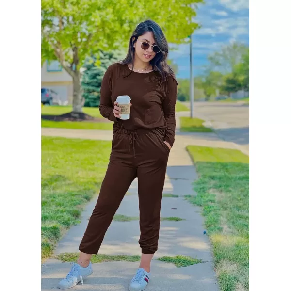imagePRETTYGARDEN Womens Two Piece Outfit Long Sleeve Crewneck Pullover Tops And Long Pants TracksuitBrown