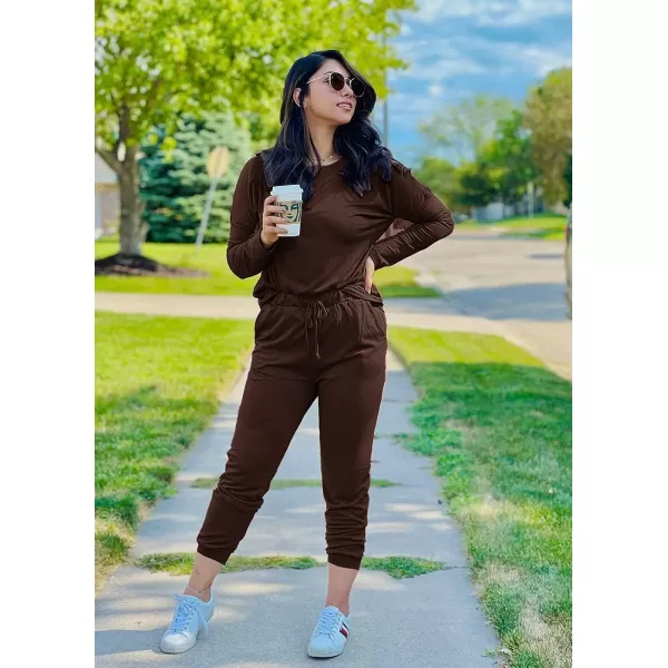 imagePRETTYGARDEN Womens Two Piece Outfit Long Sleeve Crewneck Pullover Tops And Long Pants TracksuitBrown