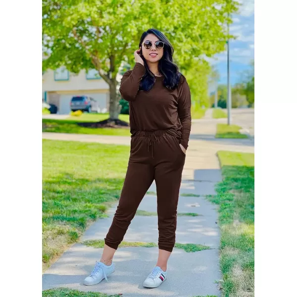 imagePRETTYGARDEN Womens Two Piece Outfit Long Sleeve Crewneck Pullover Tops And Long Pants TracksuitBrown