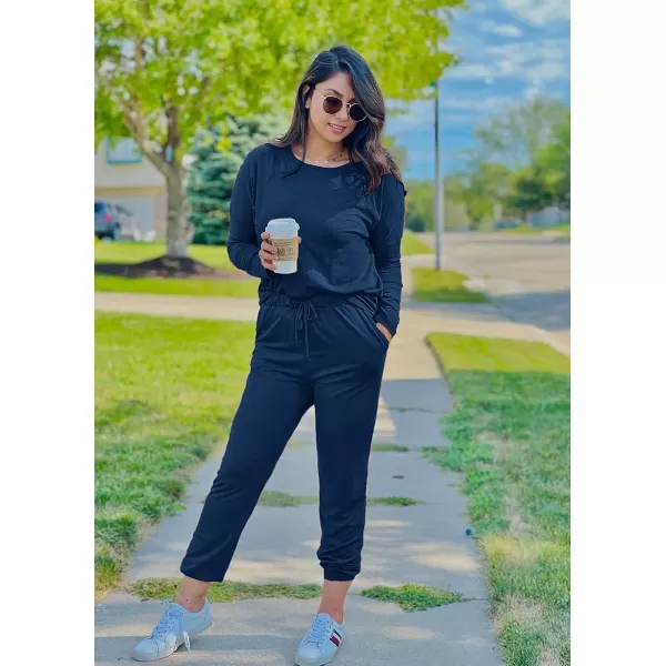 imagePRETTYGARDEN Womens Two Piece Outfit Long Sleeve Crewneck Pullover Tops And Long Pants TracksuitDark Blue