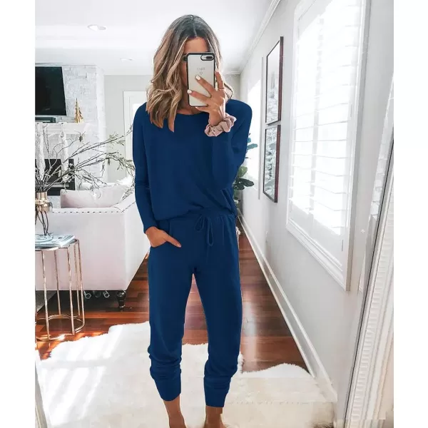 imagePRETTYGARDEN Womens Two Piece Outfit Long Sleeve Crewneck Pullover Tops And Long Pants TracksuitDark Blue
