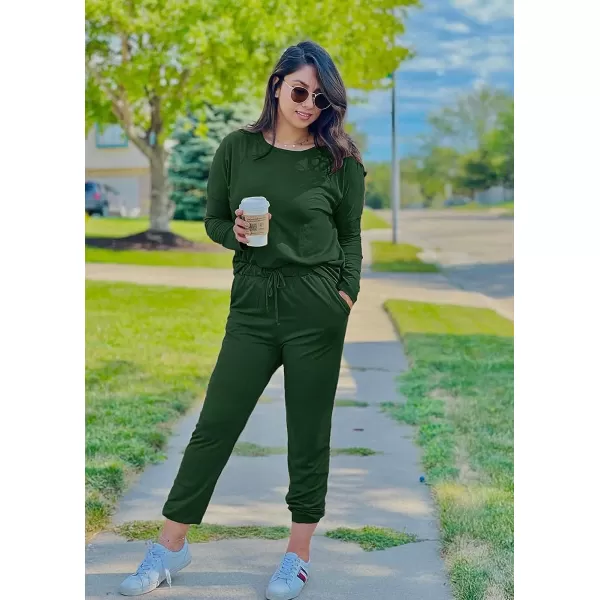 imagePRETTYGARDEN Womens Two Piece Outfit Long Sleeve Crewneck Pullover Tops And Long Pants TracksuitDark Green
